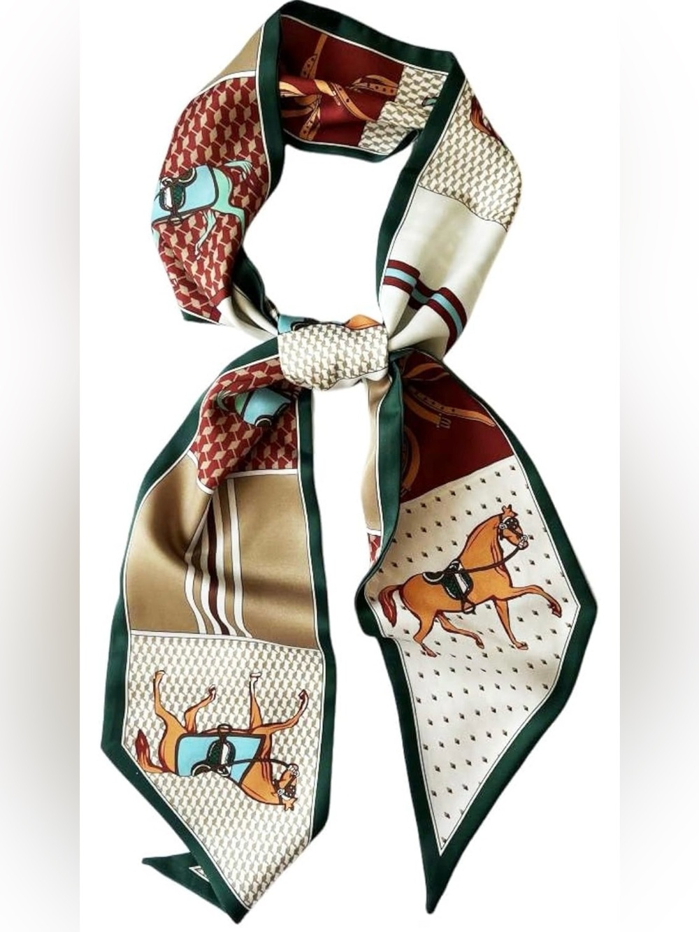 Silk Horse Print Long Scarf in Green and Cream